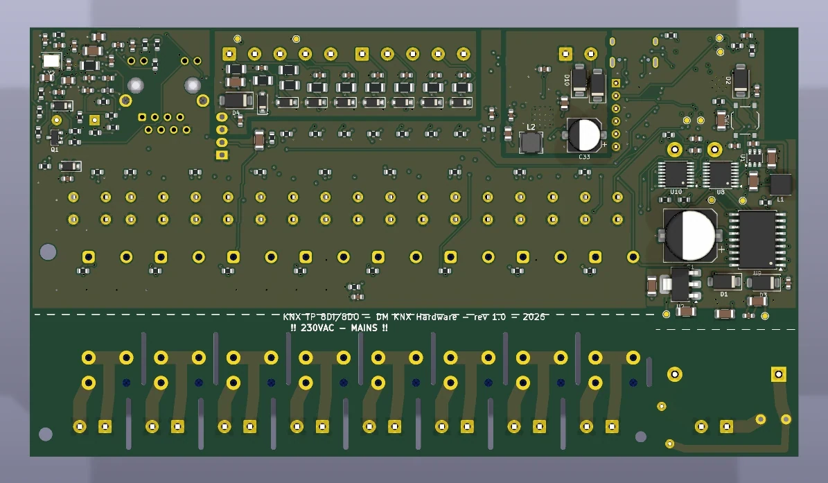 Mặt dưới PCB: cụm nguồn, ULN2803, TCA9554 và đường ranh giới vùng 230 VAC