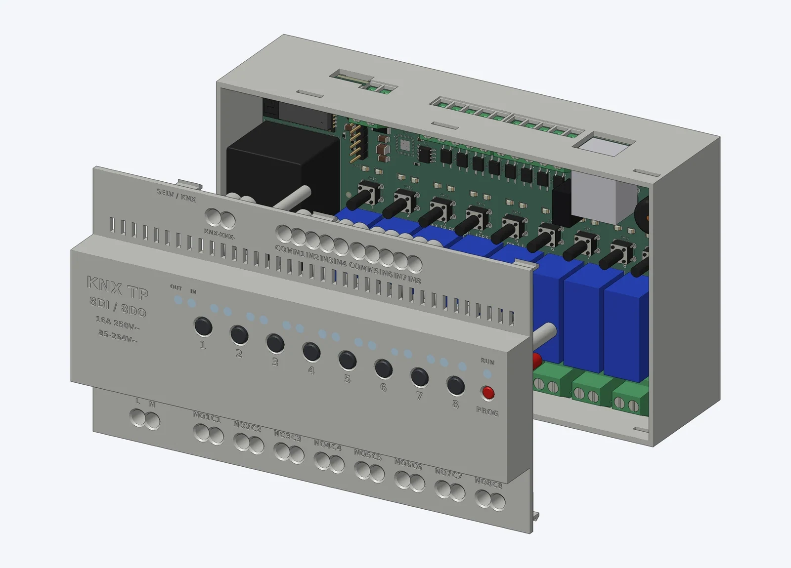 Hình tách rời: đế vỏ, mạch PCB và nắp có nút bấm, que dẫn sáng