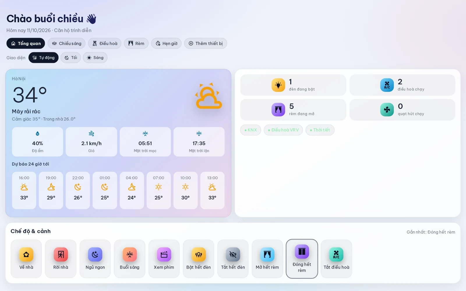NDM SmartOS — một ứng dụng điều khiển cả căn hộ KNX: chiếu sáng, điều hoà VRV, rèm, ngữ cảnh và hẹn giờ