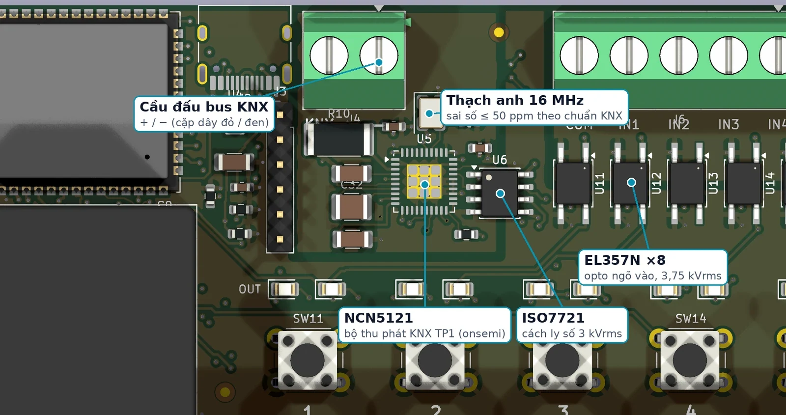 Cận cảnh khối giao tiếp KNX: NCN5121, ISO7721, thạch anh 16 MHz và opto ngõ vào